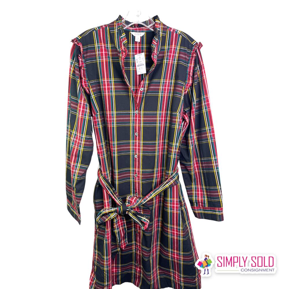 J.Crew Womens Ruffled Button-Front Shirt‎ Dress 14 Black Red Tartan Plaid New